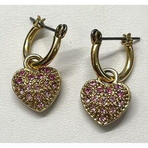 Pink Rhinestone Pave Dangle Heart Charm Hoop Earrings Hinge Pierced Gold Tone